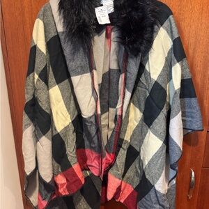Ricki's Black and Red Checkered Cape with Faux Fur